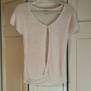 One of a kind cream-colored short-sleeve crochet knit cardigan button closure.